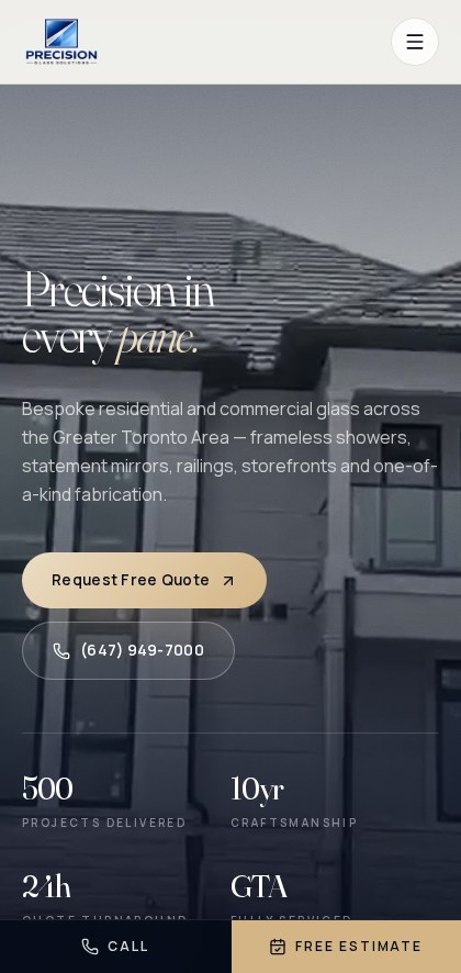 Precision Glass Solutions website on mobile