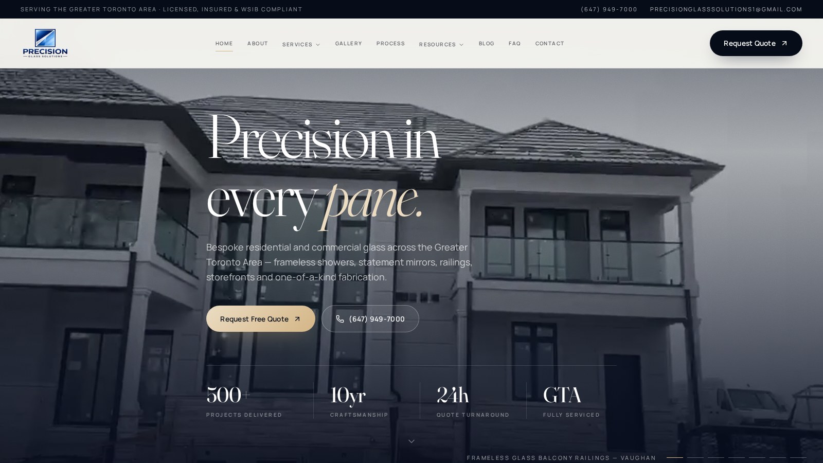Precision Glass Solutions website homepage